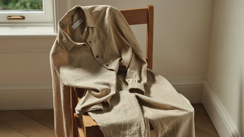 Ensemble lin et coton avoine posé sur le dossier d'une chaise en bois