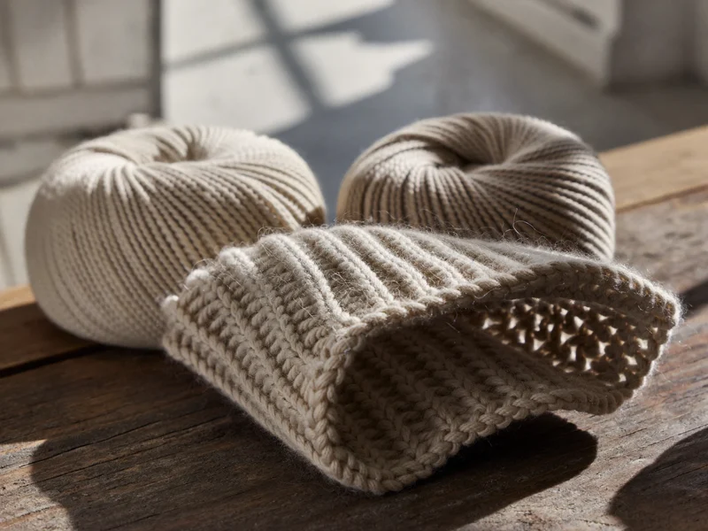 Détail de pelotes de laine et de coton et d'un échantillon de maille irrégulière